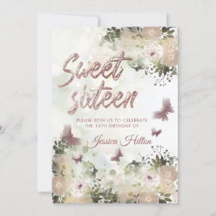 Invitation Sweet sixteen de jardin fleuri aux papillons