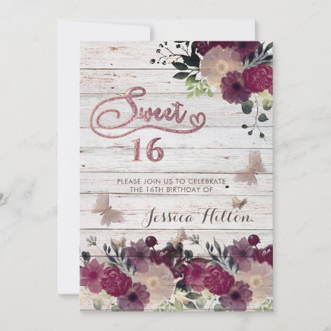 Invitation Sweet sixteen de jardin fleuri aux papillons (Devant)