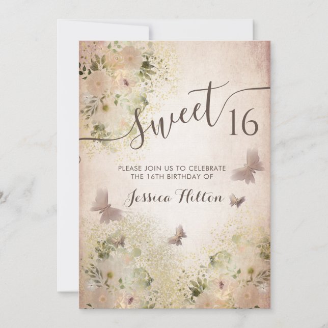 Invitation Sweet sixteen de jardin fleuri aux papillons (Devant)