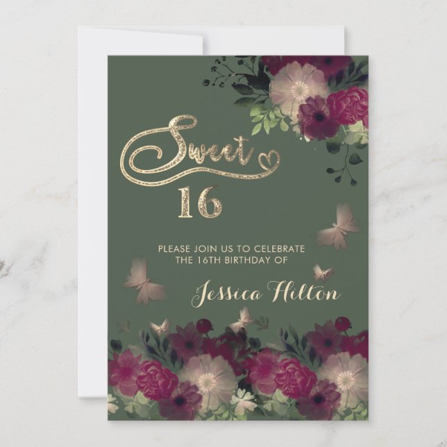 Invitation Sweet sixteen de jardin fleuri aux papillons (Devant)