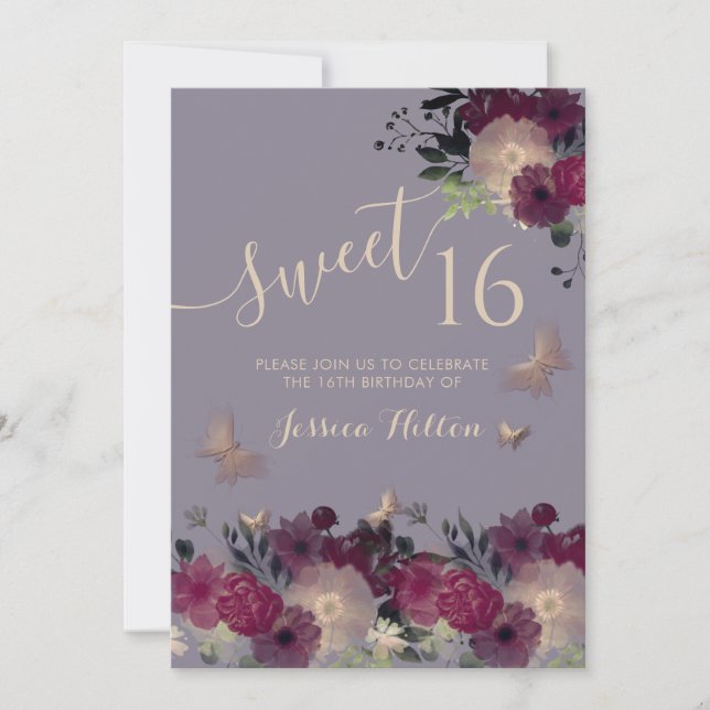 Invitation Sweet sixteen de jardin fleuri aux papillons (Devant)