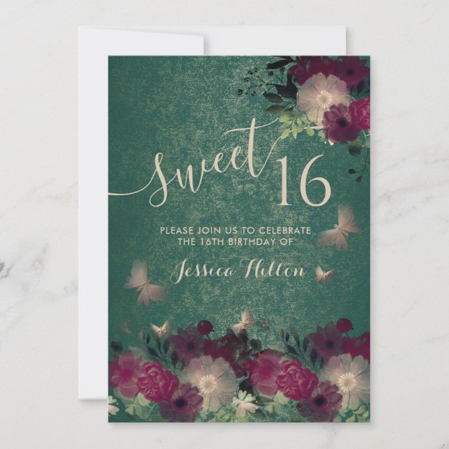 Invitation Sweet sixteen de jardin fleuri papillon vert (Devant)