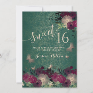 Invitation Sweet sixteen de jardin fleuri papillon vert