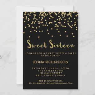 Invitation Sweet sixteen de la Confetti d'or en noir