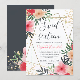 Invitation sweet sixteen de la frontière dorée rouge rose