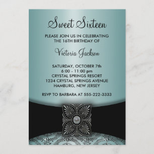 Invitation Sweet sixteen de l'Turquoise Blue Black Damask