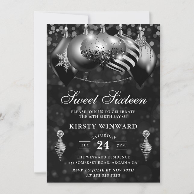 Invitation Sweet sixteen de Noël noir et argent (Devant)