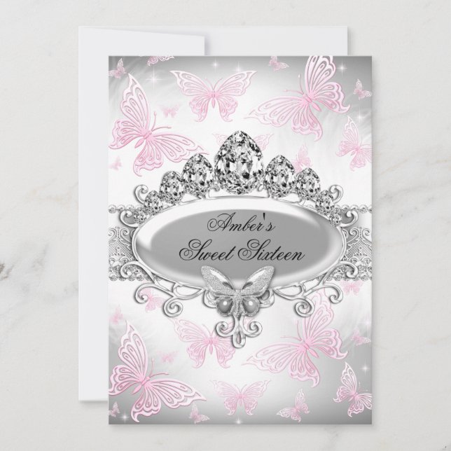 Invitation Sweet sixteen de papillon argent et ros (Devant)