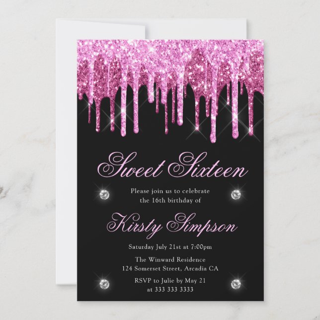 Invitation Sweet sixteen de Parties scintillant à séchage noi (Devant)