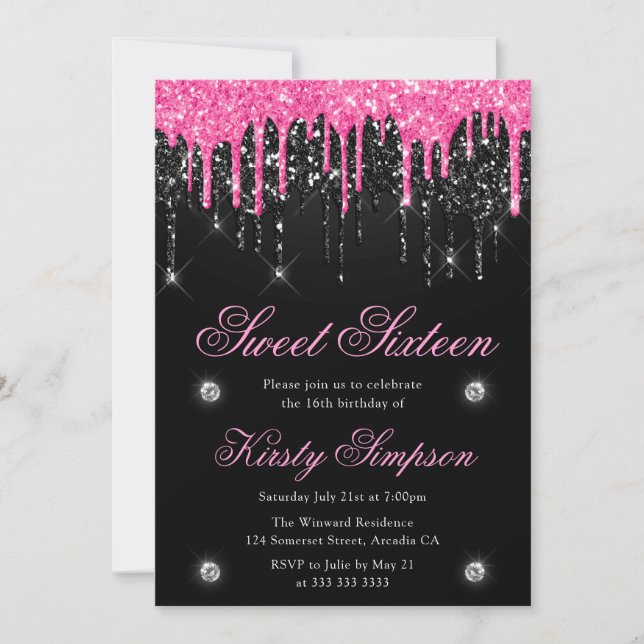 Invitation Sweet sixteen de Parties scintillant à séchage noi (Devant)