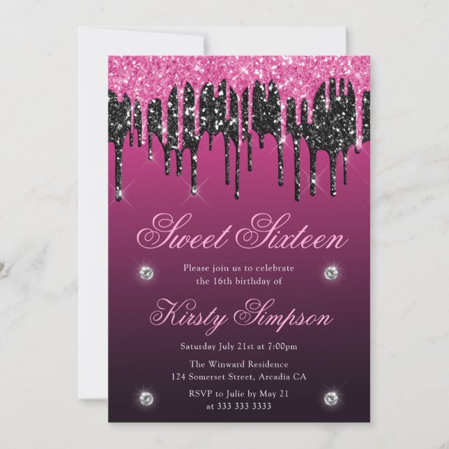 Invitation Sweet sixteen de Parties scintillant à séchage noi (Devant)