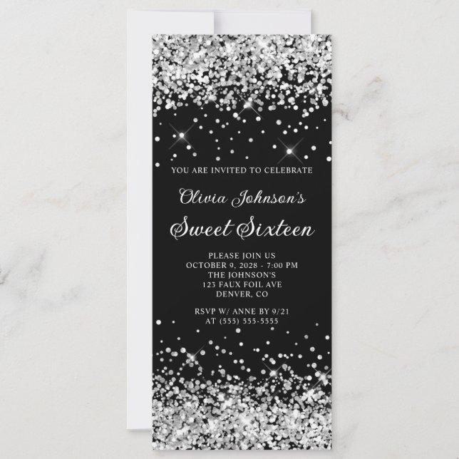Invitation Sweet sixteen de Parties scintillant noir et argen (Devant)