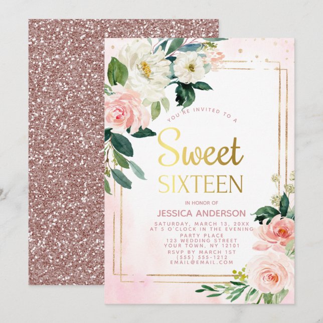 Invitation Sweet sixteen de Parties scintillant rose or Rose  (Devant / Derrière)