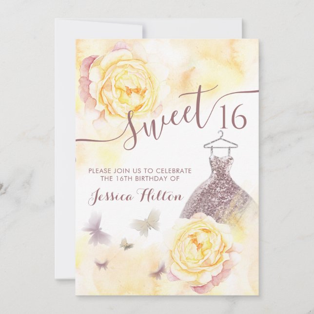 Invitation Sweet sixteen de pivoine florale papillon (Devant)