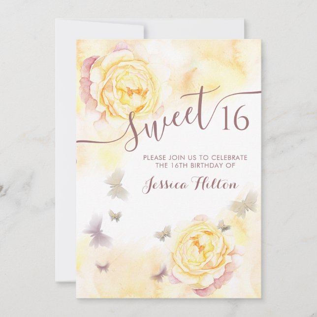 Invitation Sweet sixteen de pivoine florale papillon (Devant)