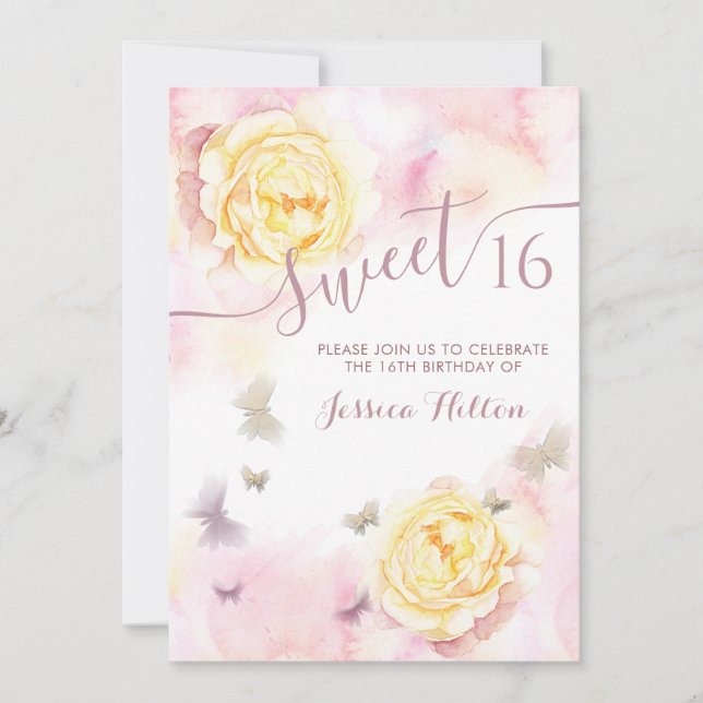 Invitation Sweet sixteen de pivoine florale papillon (Devant)