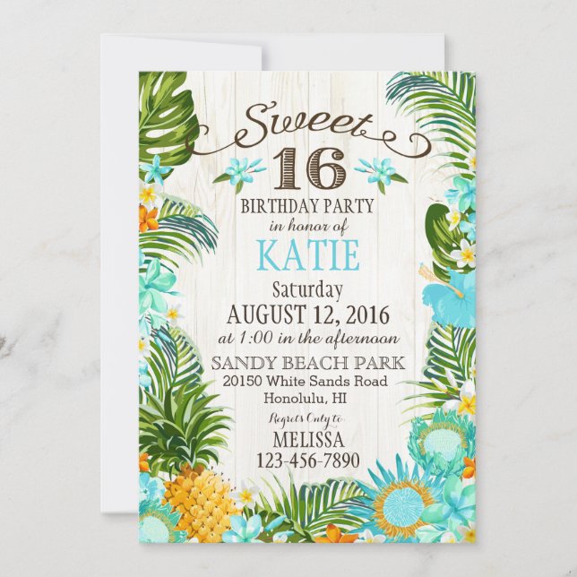 Invitation Sweet sixteen de plage de Luau Hawaiian, anniversa (Devant)