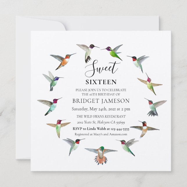 Invitation Sweet sixteen des colibris (Devant)