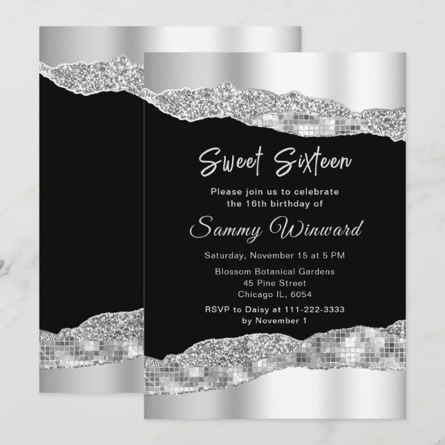 Invitation Sweet sixteen des larmes d'argent et de verre noir (Devant / Derrière)