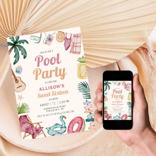 Invitation Sweet sixteen d'été de la piscine d'aquarelle mode