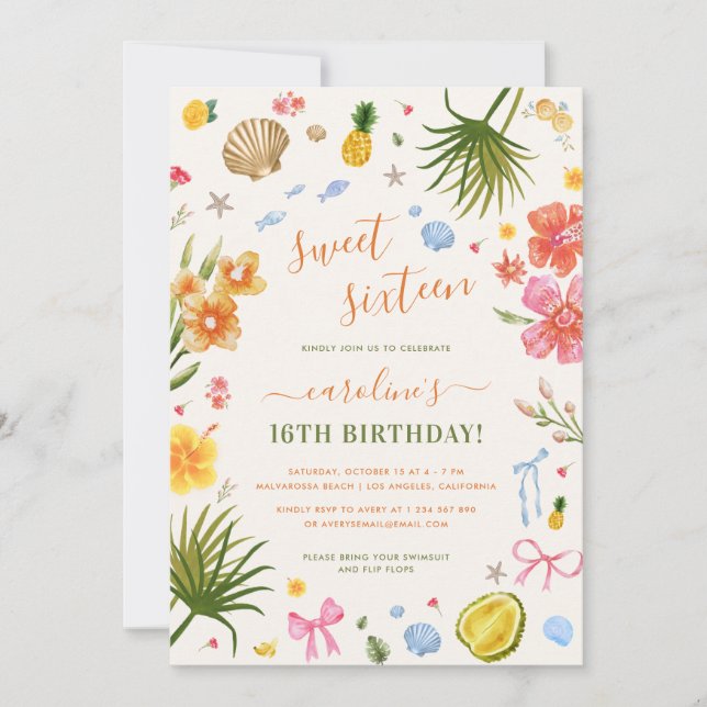 Invitation Sweet sixteen d'été tropical 16e fête d'anniversai (Devant)