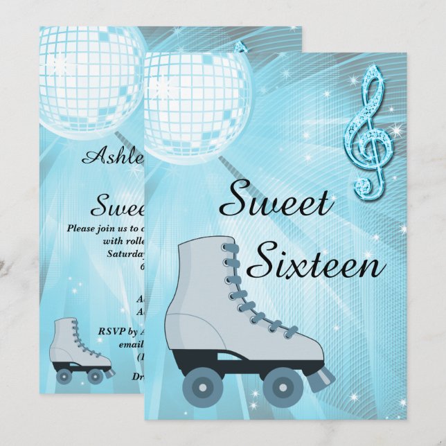 Invitation Sweet sixteen Disco Ball and Roller Skates (Devant / Derrière)
