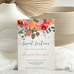 Invitation Sweet sixteen d'or à aquarelle fleurie