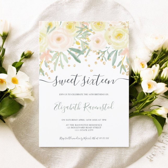 Invitation Sweet sixteen d'or floral vert rose moderne (Modern yellow rose green floral gold sweet sixteen invitation)