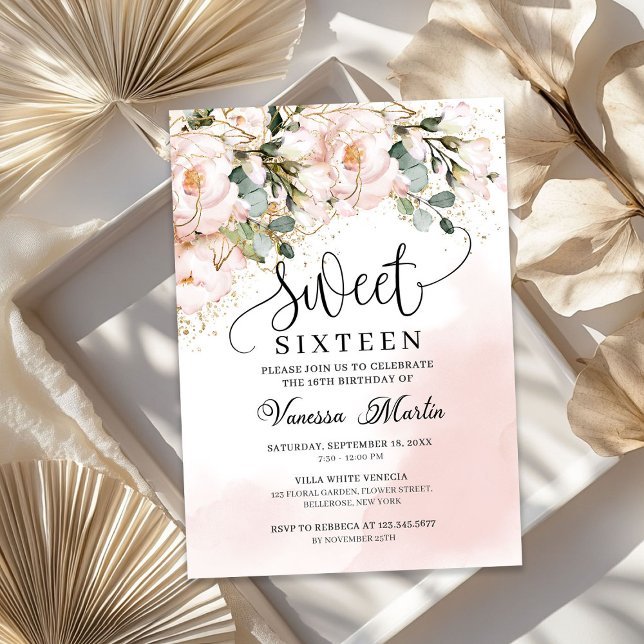 Invitation Sweet sixteen d'or rose rose rousse rustique (Rustic blush pink floral rose gold sweet sixteen invitation)