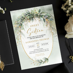 Invitation Sweet sixteen doré boho eucalyptus tendance