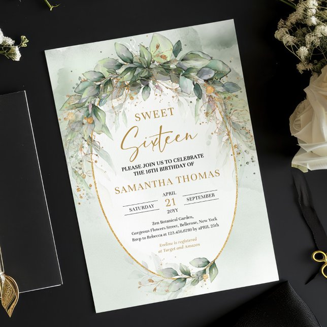 Invitation Sweet sixteen doré boho eucalyptus tendance (watercolor greenery eucalyptus sweet sixteen invitation digital)
