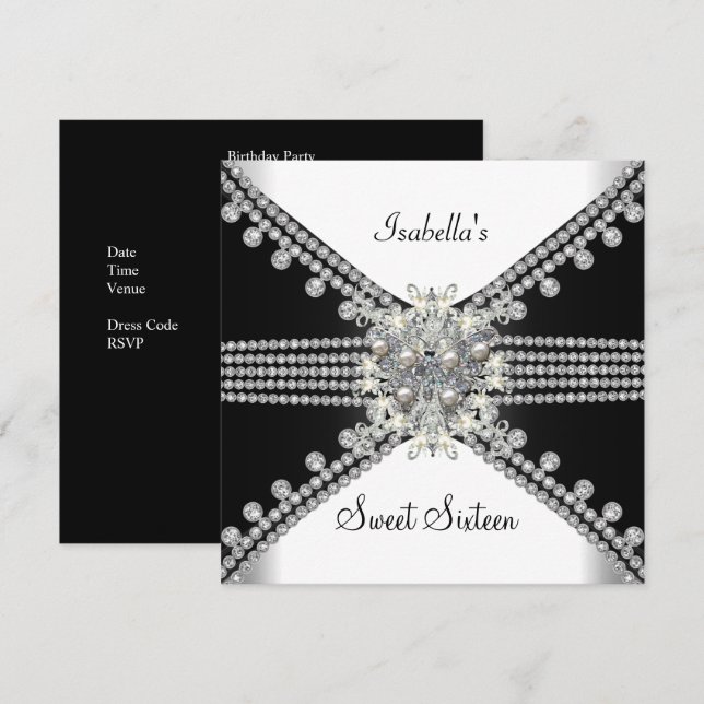 Invitation Sweet sixteen doux 16 Papillon noir blanc (Devant / Derrière)