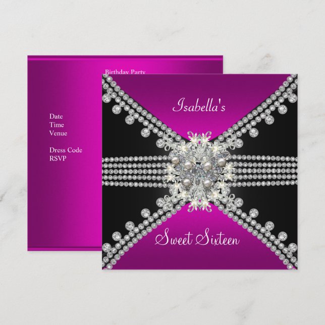 Invitation Sweet sixteen doux 16 papillon rose chaud noir (Devant / Derrière)