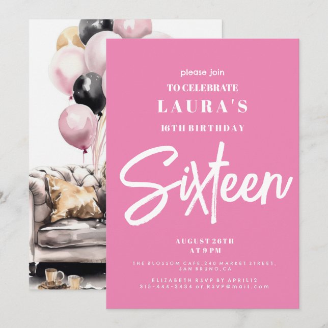 Invitation Sweet sixteen, doux 16, rose, fête d'anniversaire (Devant / Derrière)