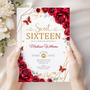 Invitation Sweet sixteen Elegant Chic Red Roses Or