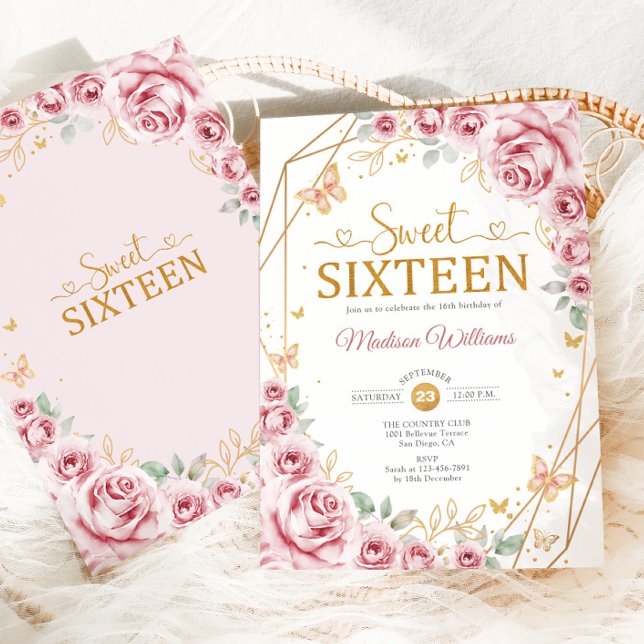 Invitation Sweet sixteen Élégant Chic Rose Roses Or (Créateur téléchargé)