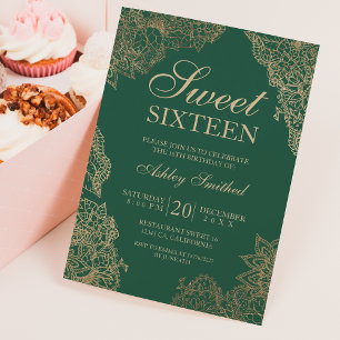 Invitation Sweet sixteen élégant fleuri or vert foncé