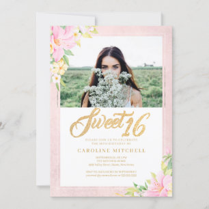 Invitation Sweet sixteen Elégant Floral Blush Pink Photo