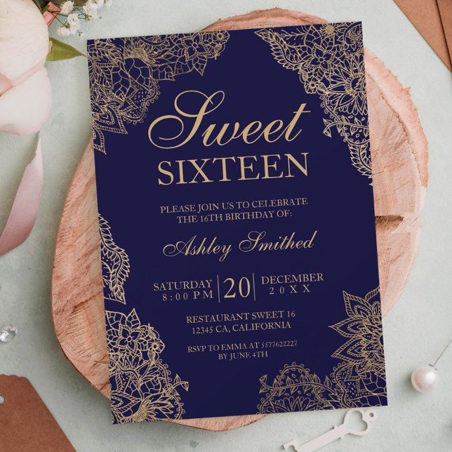 Invitation Sweet sixteen élégant floral or bleu marine (Créateur téléchargé)