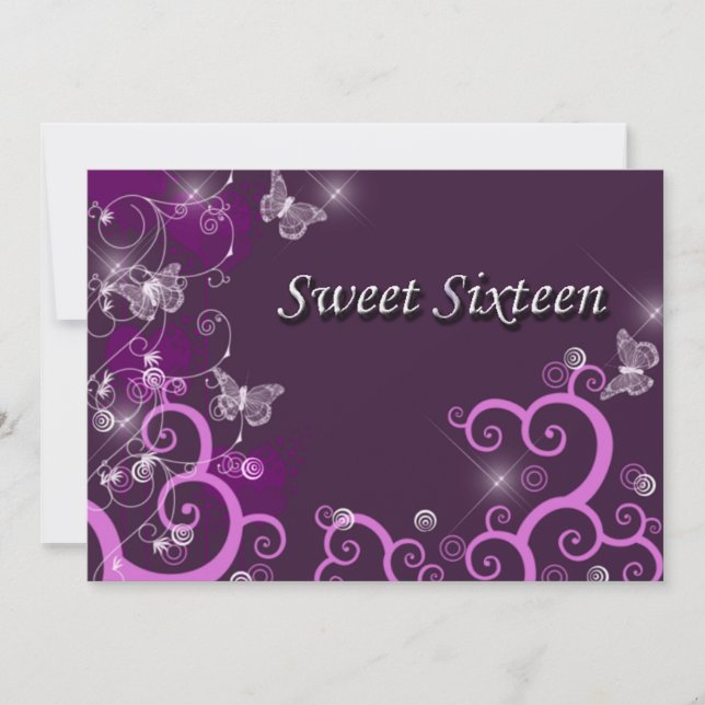 Invitation Sweet sixteen Elégant Tourbillons Papillons Violet (Devant)