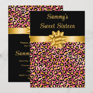 Invitation Sweet sixteen Empreinte de léopard rose et or
