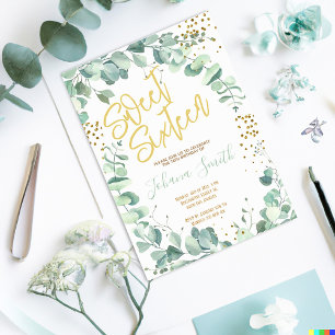Invitation Sweet sixteen Eucalyptus Gold Anniversaire Invitat