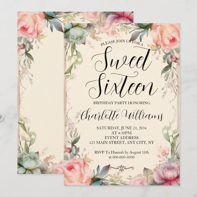 Invitation Sweet sixteen Fairytale Floral 16e anniversaire (Devant / Derrière)