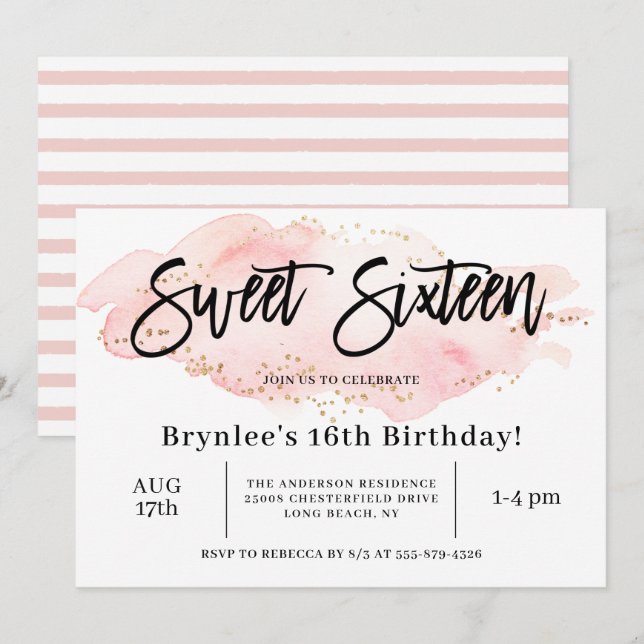 Invitation Sweet sixteen fête du 16e anniversaire (Devant / Derrière)