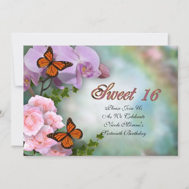 Invitation Sweet sixteen Fleurs et papillons d'invitation (Devant)