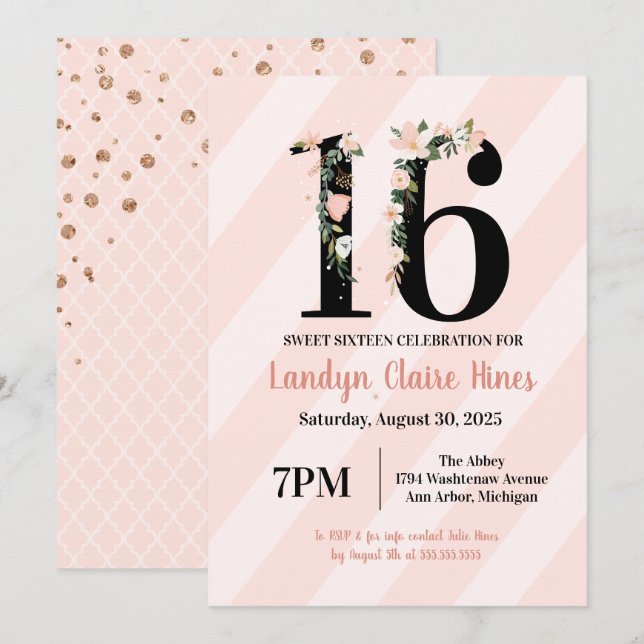 Invitation Sweet sixteen Floral 16 Rose & Blush Anniversaire (Devant / Derrière)