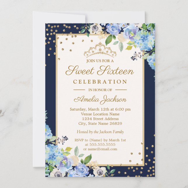Invitation Sweet sixteen floral bleu or (Devant)