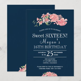 Invitation Sweet sixteen floral chic de la marine