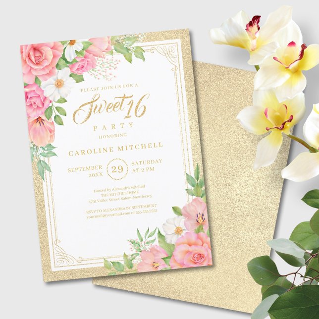 Invitation Sweet sixteen Floral Élégant Rose Tulip rose (Créateur téléchargé)