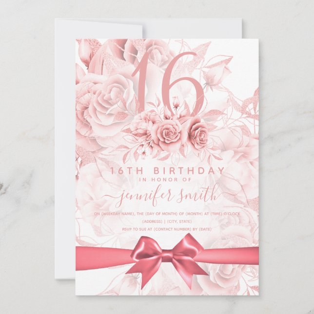 Invitation Sweet sixteen Floral Girl Rose or et rose pâle (Devant)